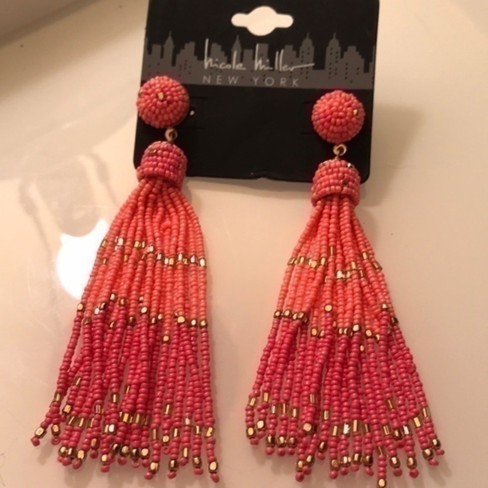 Earrings Nicole Miller pink seed beaded multiple strands pierce point drop